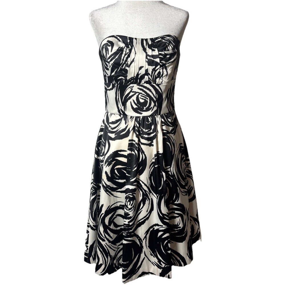 White House Black Market Strapless Formal dress Class Black & White Floral Print